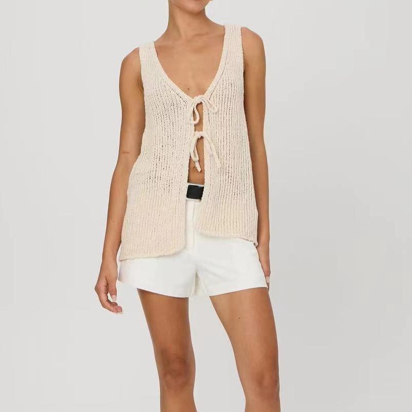 V-Neck Plain Tie Front Sweater Vest Product Image