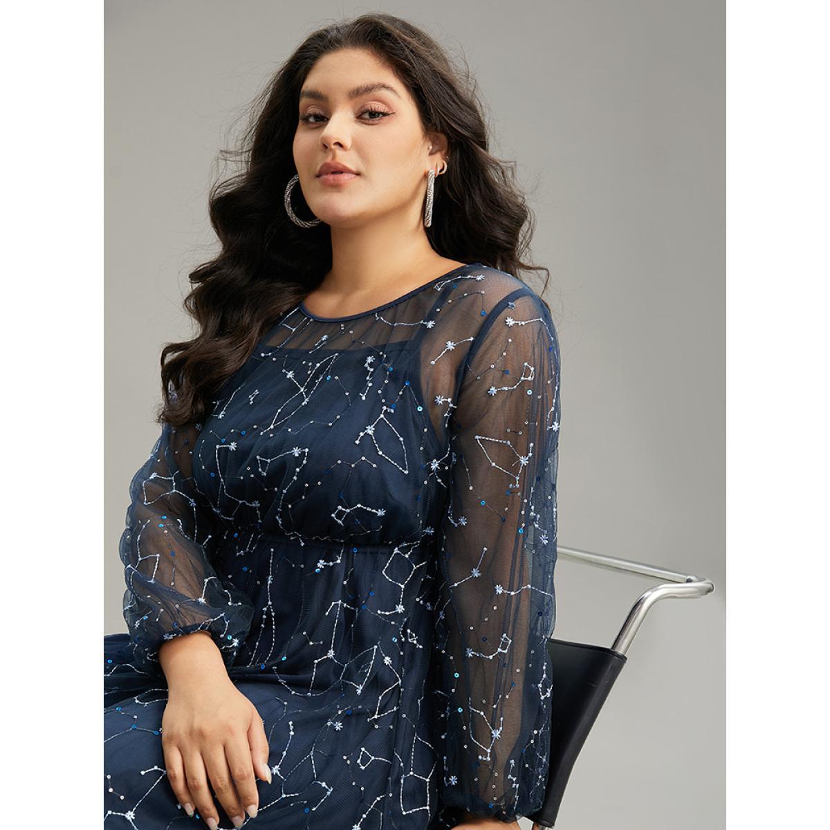 Plus Size Galaxy Sequin Mesh Embroidered Patchwork Dress Indigo Women Glamour Sequin Round Neck Long Sleeve Curvy Midi Dress BloomChic 26/4X Product Image