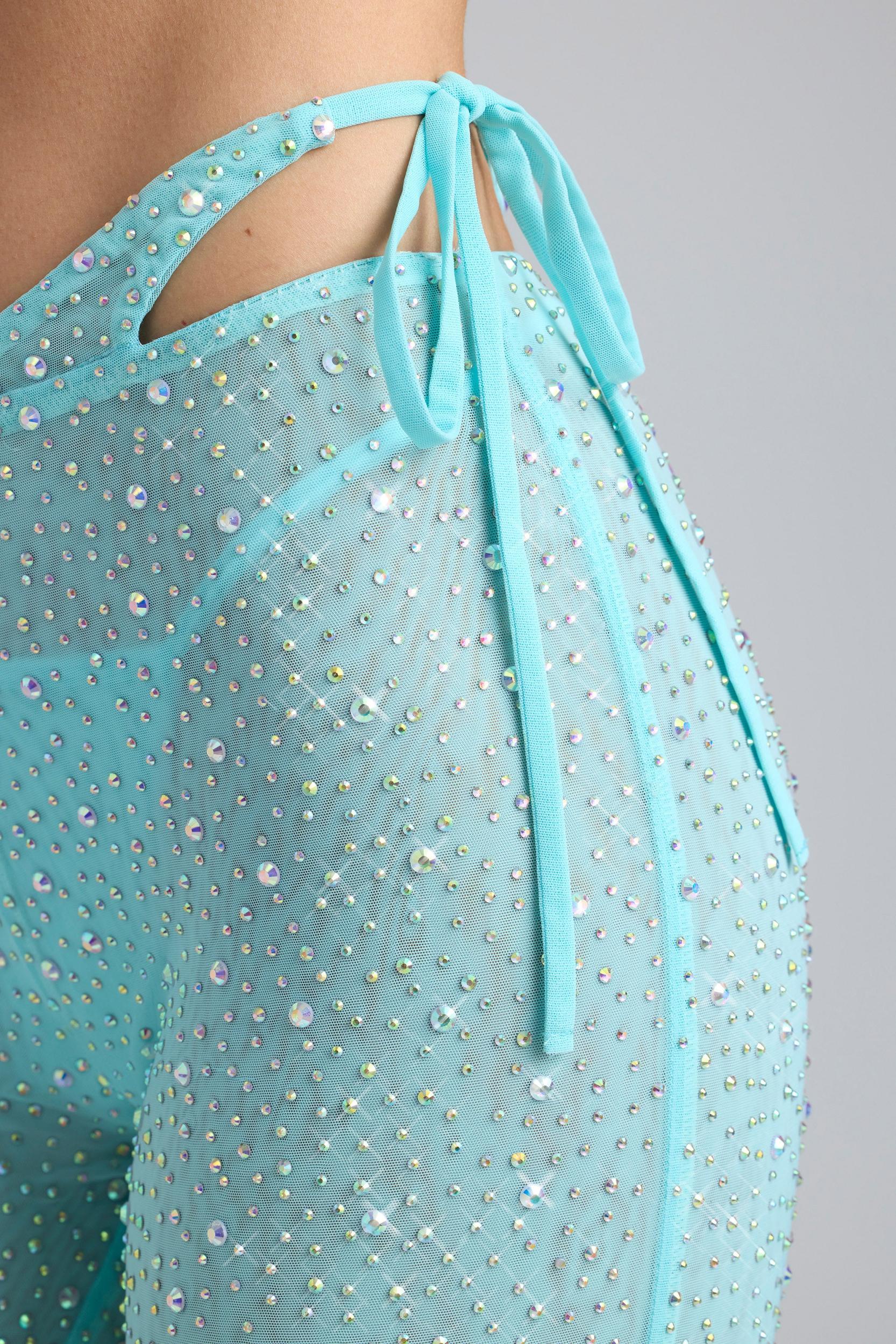 Embellished Cut-Out Flared Trousers in Ice Blue Product Image