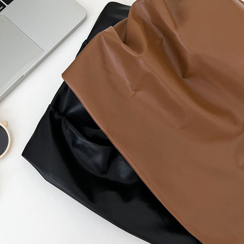 Strapless Plain Faux Leather Ruched Crop Top Product Image