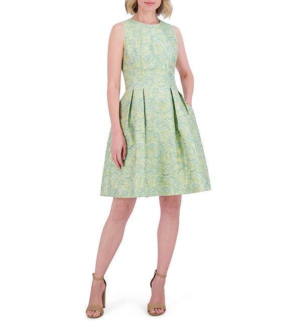 Vince Camuto Jacquard Round Neck Sleeveless Fit and Flare Dress Product Image