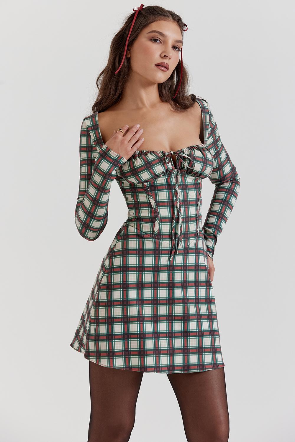 Eliza Red Tartan Corset Midi Dress Product Image