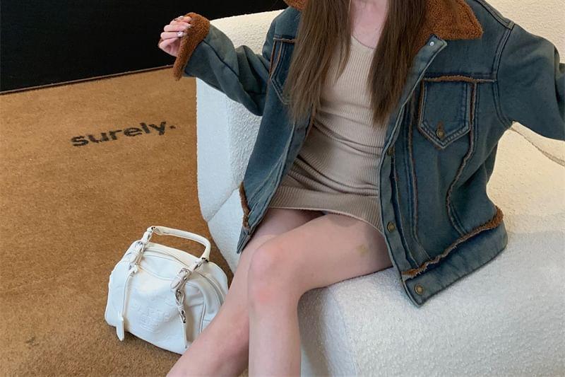 Collar Fleece-Lined Washed Denim Button Jacket Product Image