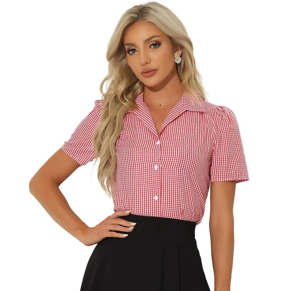 Allegra K Women's Plaid Puff Sleeves Vintage Summer Gingham Blouse Product Image