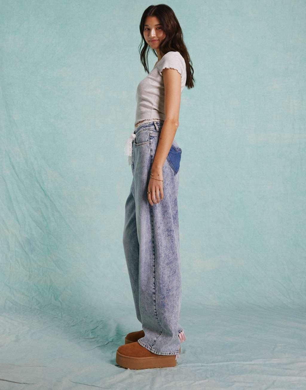 Miss Selfridge baggy heart pocket jeans in acid wash Product Image