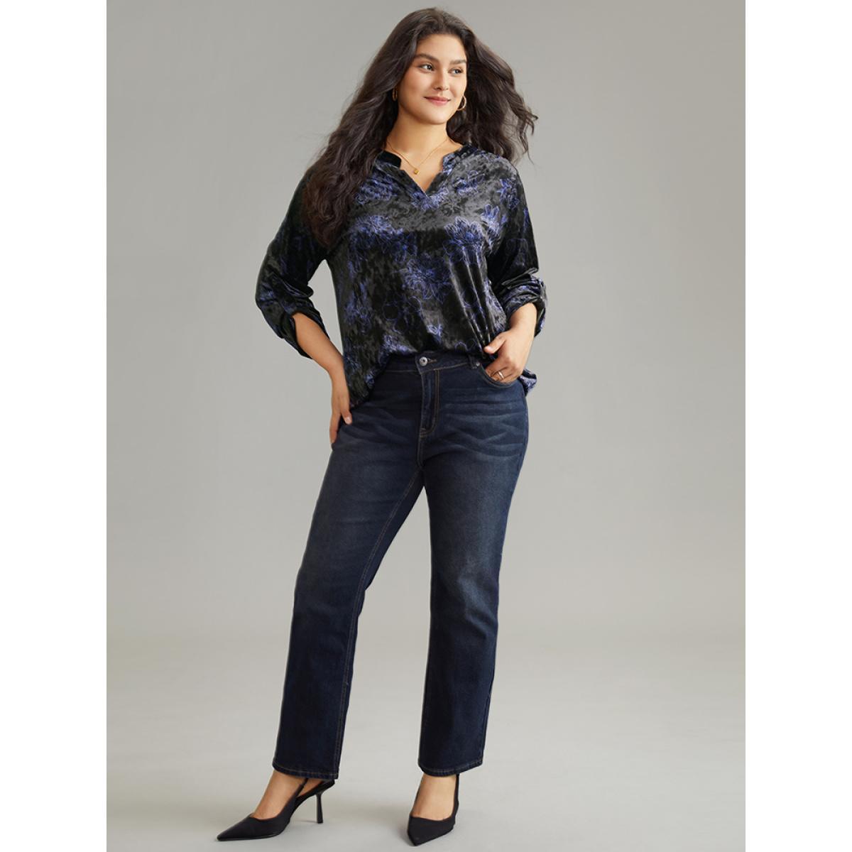Plus Size Black Silhouette Floral Print Notched Roll Tab Sleeve Blouse Women Elegant Long Sleeve Notched collar Everyday Blouses BloomChic 30/6X Product Image