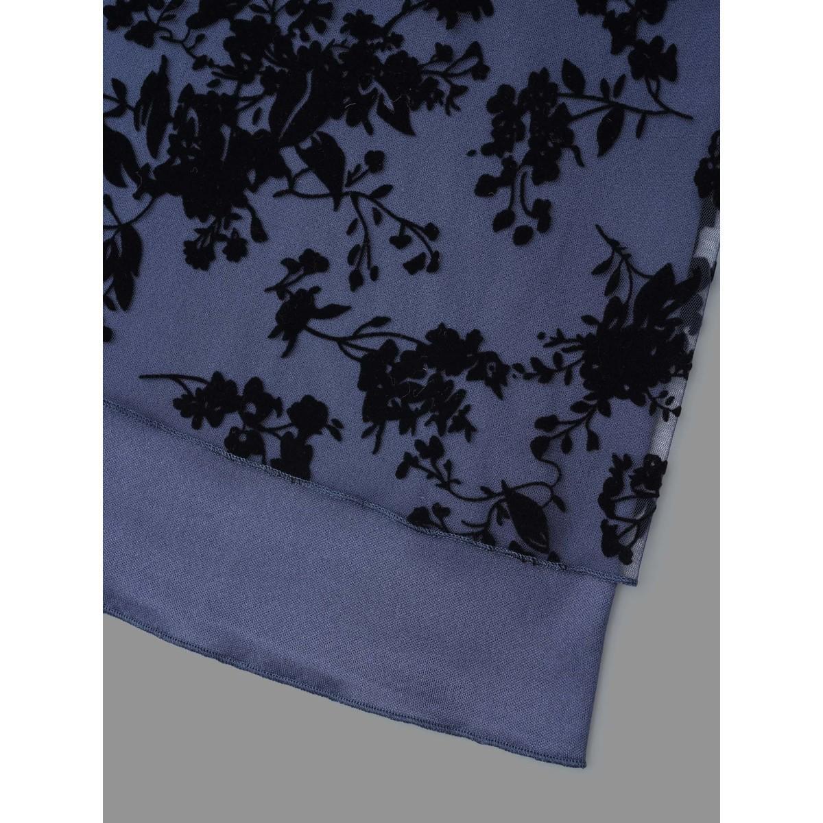 Plus Size Indigo Floral Flocking Mesh Asymmetrical Hem Blouse Women Elegant Three Quater Length Sleeve V-neck Everyday Blouses BloomChic 30/6X Product Image