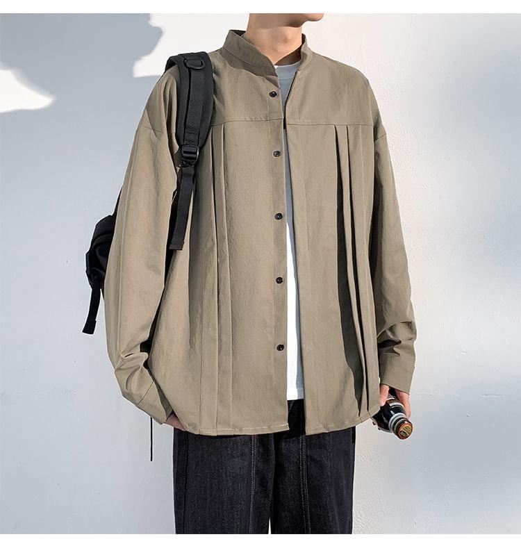 Long Sleeve Band Collar Plain Pleated Shirt Product Image