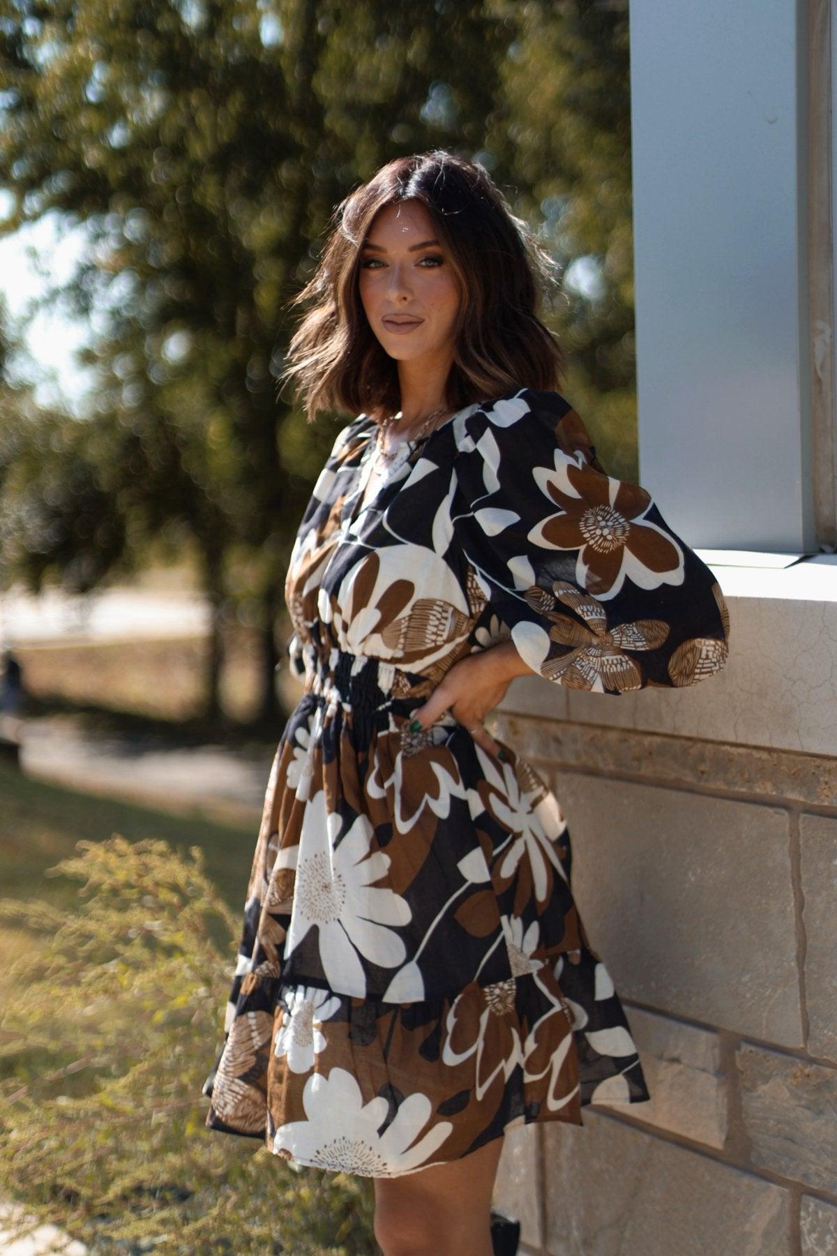 Brown Print Smocked Mini Dress Product Image
