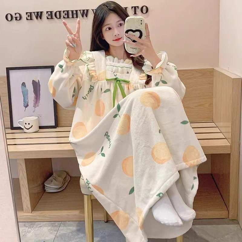 Long Sleeve  Square Neck Patterned Bow Ruffle Coral Fleece Pajama Dress Product Image