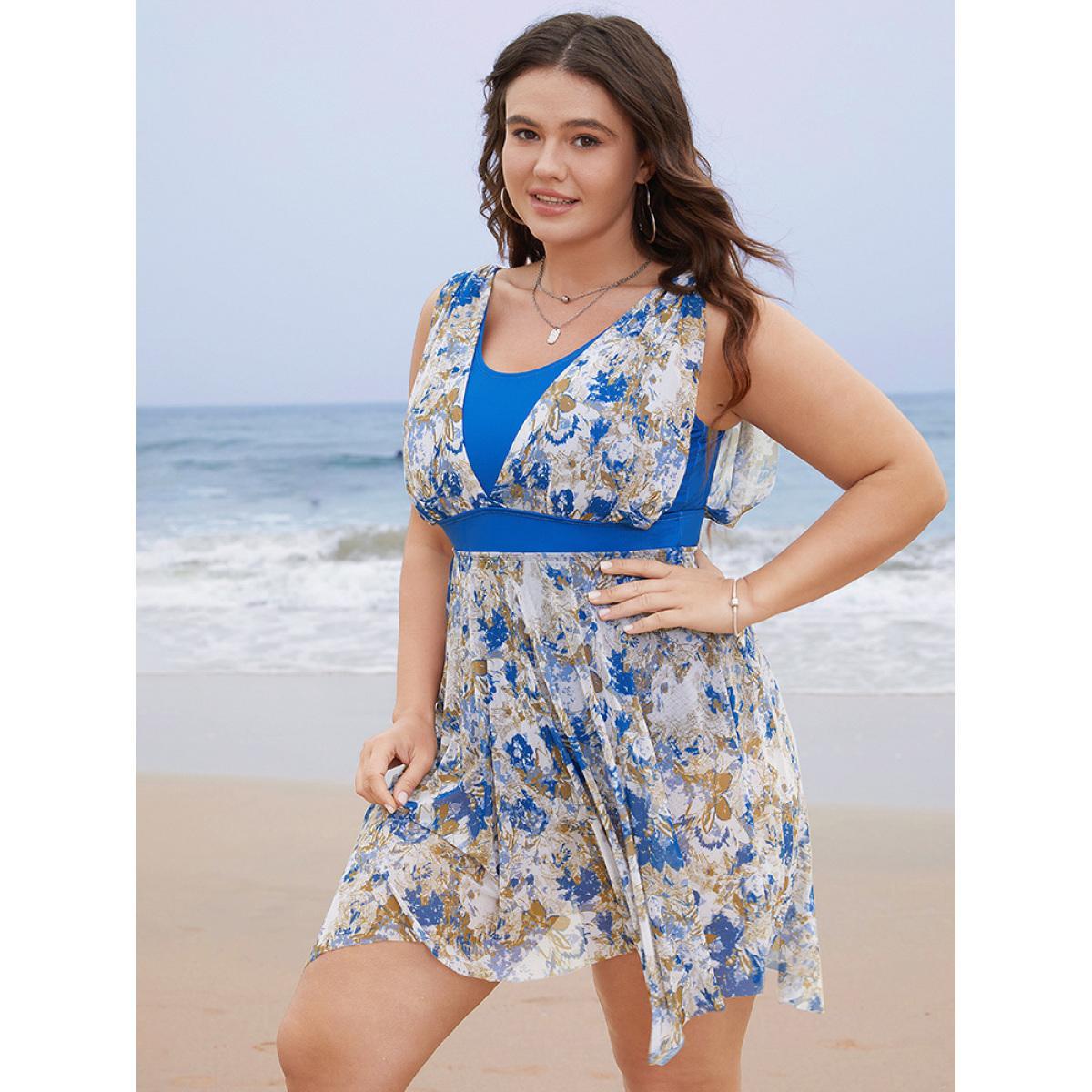 Plus Size Graphic Patchwork Sculpt Waist Hanky Hem Swim Dress Women's Swimwear Cerulean Vacation Bodycon Round Neck High stretch Curve Swim Dresses BloomChic 10/M Product Image