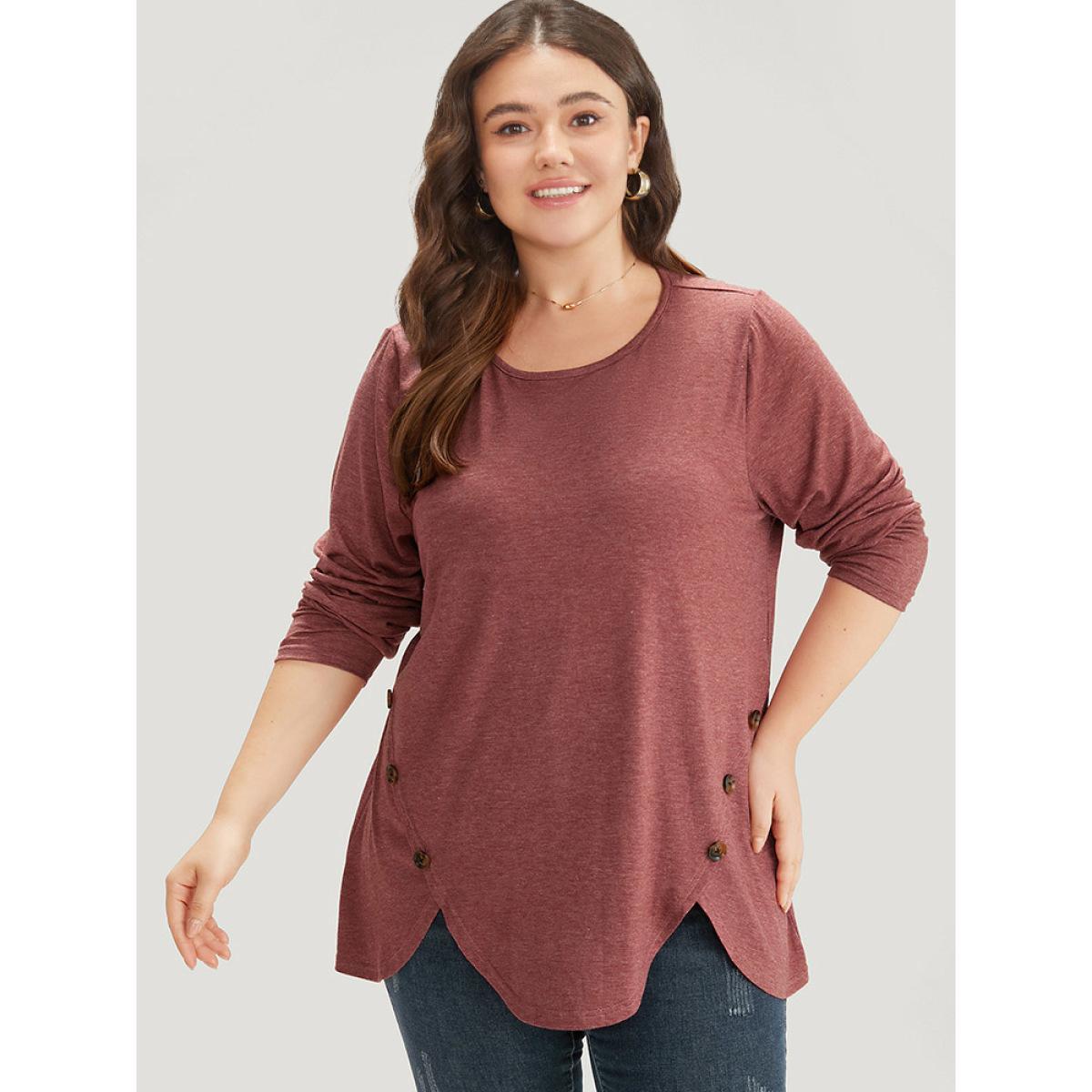 Plus Size Plain Round Neck Button Detail T-shirt Russet Women Casual Plain Plain Round Neck Dailywear T-shirts BloomChic 12/L Product Image
