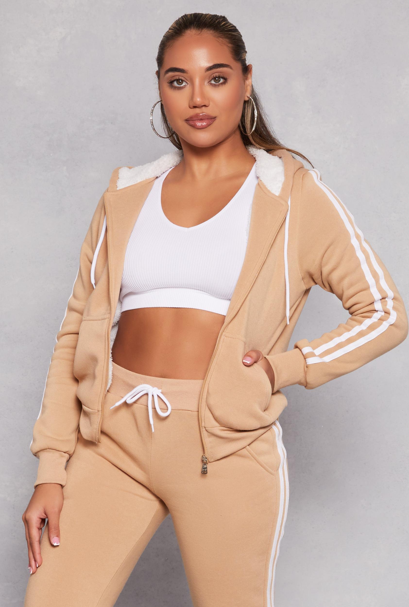 Womens Varsity Stripe Zip Front Sherpa Lined Hoodie Product Image