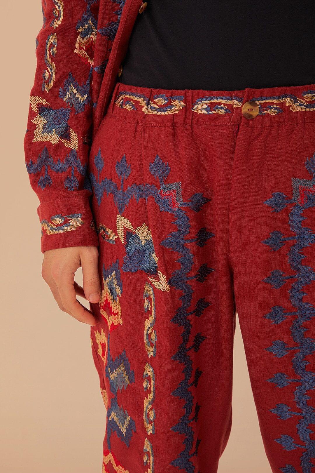 Red Floral Embroidery Jacquard Pants, BURGUNDY / XXS Product Image