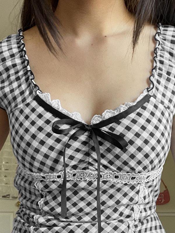 Lace Trim Checkered Blouse Product Image