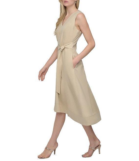 DKNY by Donna Karan V-Neck Sleeveless Self Belt Cotton Blend Midi Dress Product Image