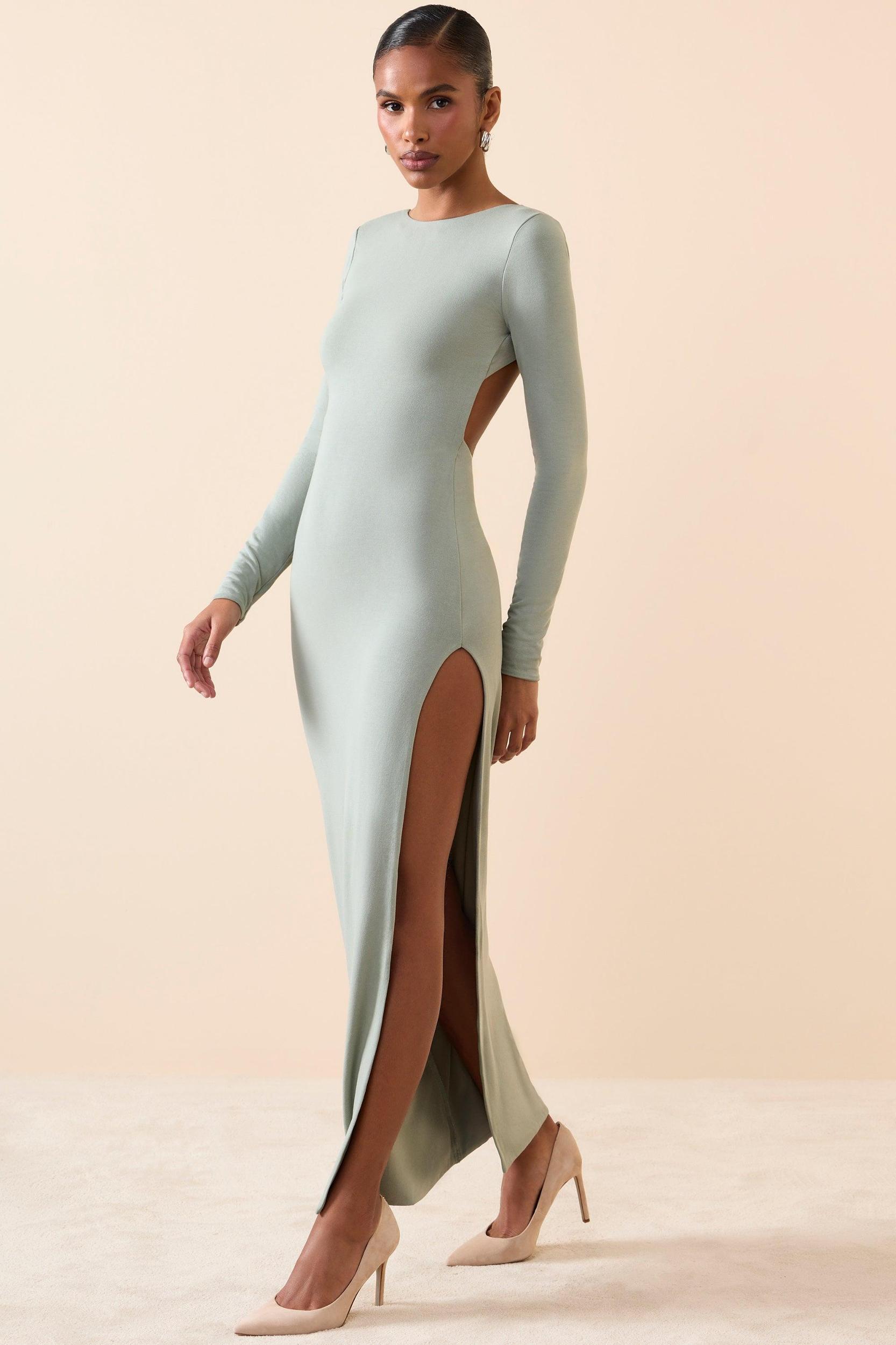 Modal Open-Back Long-Sleeve Maxi Dress in Smoke Green Product Image