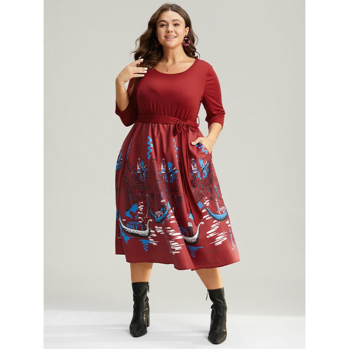 Plus Size Boho Print Patchwork Belted Gathered Dress Scarlet Women Office Printed Round Neck Elbow-length sleeve Curvy Midi Dress BloomChic 30/6X Product Image