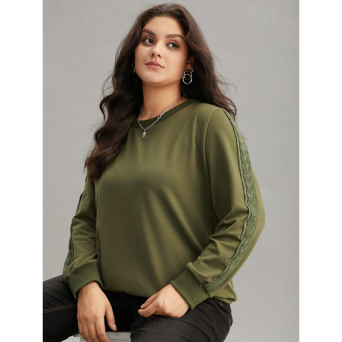 Plus Size Guipure Lace Solid Elastic Hem Sweatshirt Women Olive Elegant Rib Knit Round Neck Dailywear Sweatshirts BloomChic 26/4X Product Image