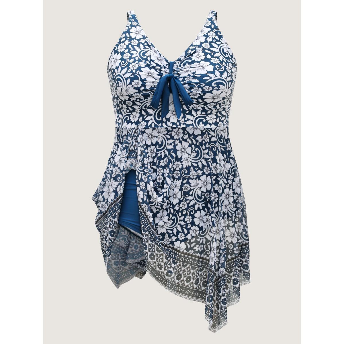 Plus Size Floral Handkerchief Hem Flowy Swim Dress Women's Swimwear Aegean Beach Bodycon V-neck High stretch Curve Swim Dresses BloomChic 28/5X Product Image