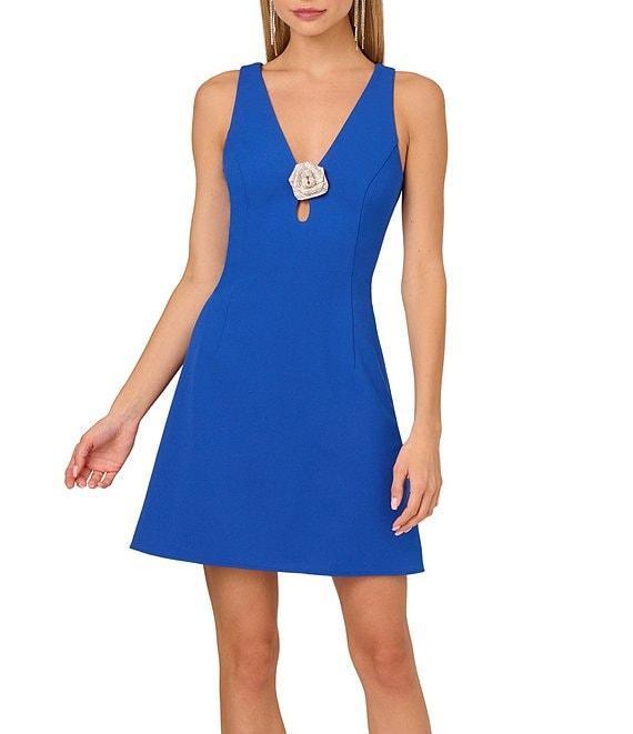 Adrianna by Adrianna Papell Crepe V-Neck Sleeveless Rhinestone Flower Sheath Mini Dress Product Image