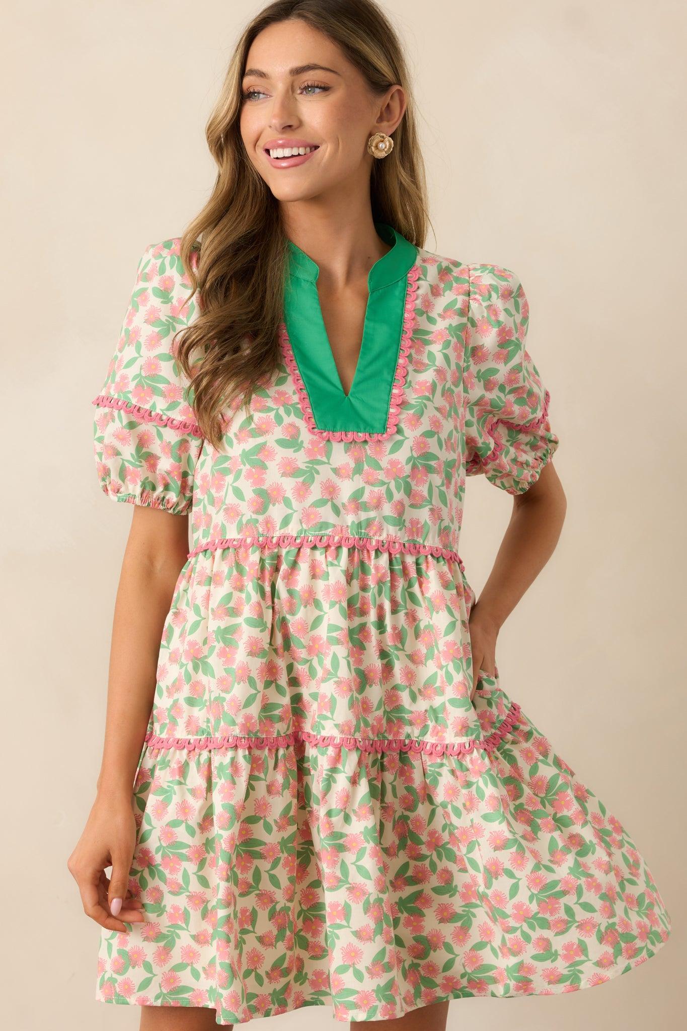 Full Bloom Beige Floral Cotton Puff Sleeve Mini Dress Product Image