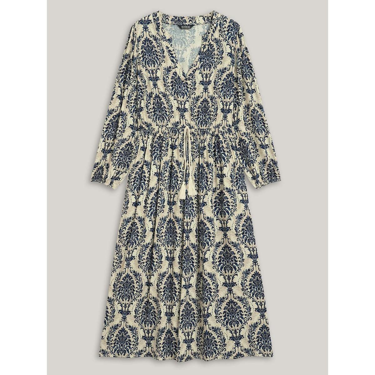 Plus Size Boho Print Notched Tie Knot Maxi Dress DarkBlue Women Resort Tie knot Flat collar with V-notch Long Sleeve Curvy BloomChic 30/6X Product Image