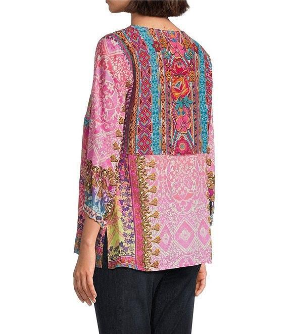John Mark Embroidered Floral Print Split V-Neck 3/4 Sleeve Tunic Product Image