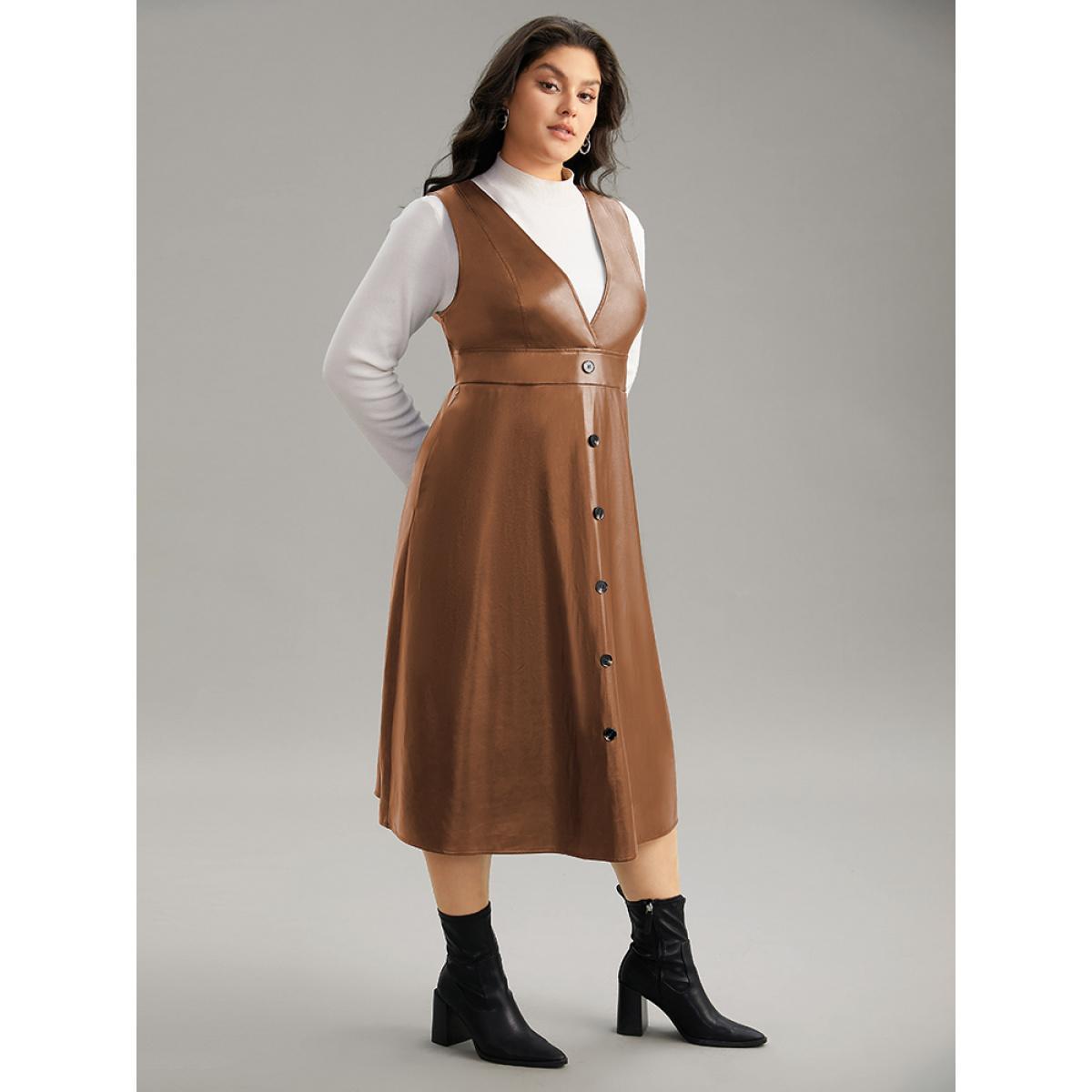 Plus Size PU Leather Sleeveless Button Detail Dress Chocolate Women Office Plain V-neck Sleeveless Curvy Midi Dress BloomChic 28/5X Product Image