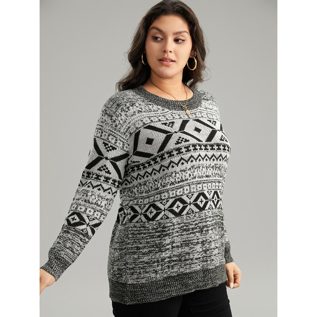Plus Size Bandana Print Heather Loose Pullover Black Women Casual Loose Long Sleeve Round Neck Dailywear Pullovers BloomChic 30/6X Product Image