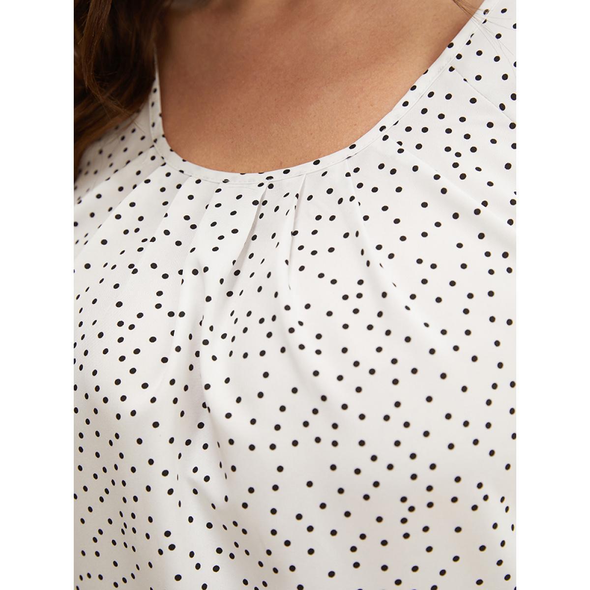 Plus Size White Polka Dot Pleated Round Neck Puff Sleeve Blouse Women Office Short sleeve Round Neck Work Blouses BloomChic 10/M Product Image