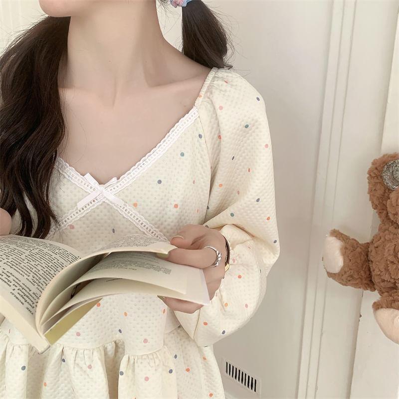 Puff-Sleeve Dotted Lace Trim Pajama Dress Product Image