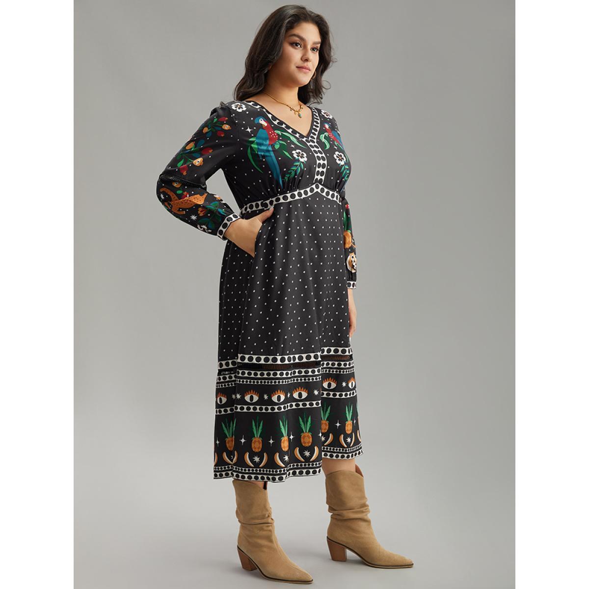 Plus Size Bandana Print Lantern Sleeve Ruffle Hem Dress Black Women Resort Printed V-neck Long Sleeve Curvy Midi Dress BloomChic 18-20/2X Product Image