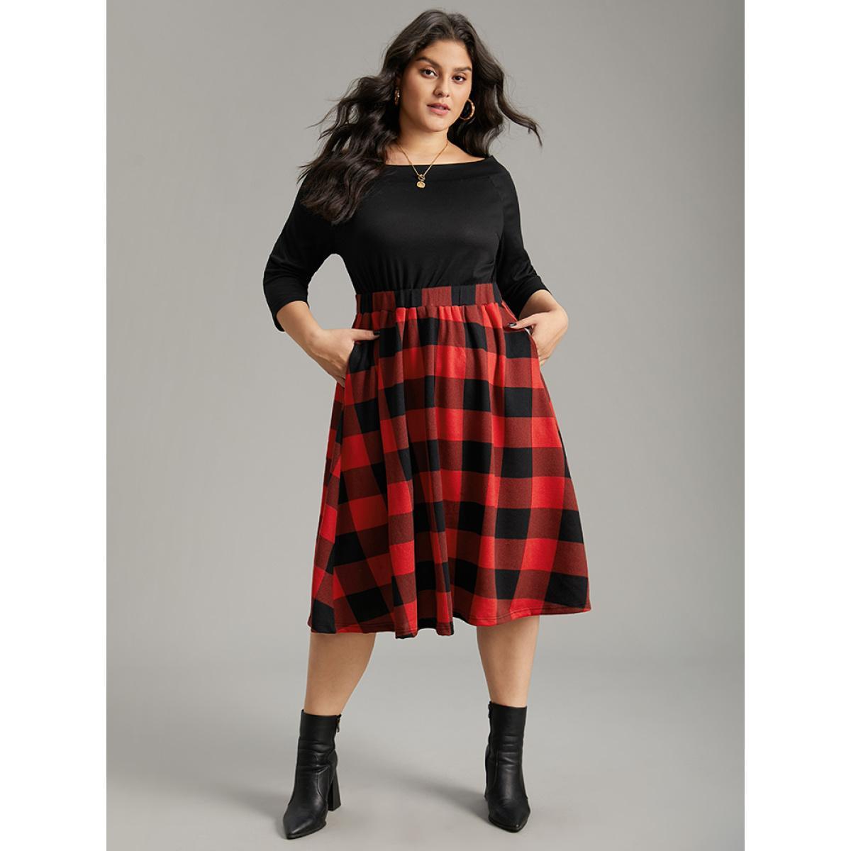 Plus Size Plaid Pocket Boat Neck Patchwork Dress Black Women Elegant Printed Boat Neck Elbow-length sleeve Curvy Midi Dress BloomChic 12/L Product Image