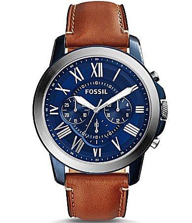 Fossil Grant Stainless Steel Chronograph Leather Strap Watch Product Image