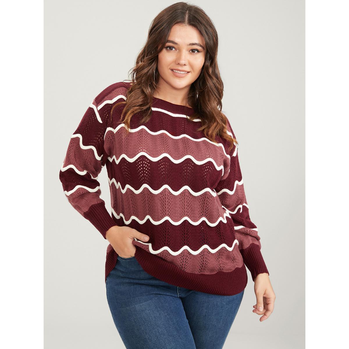 Plus Size Colorblock Contrast Pointelle Knit Water Ripple Knit Top Scarlet Women Elegant Long Sleeve Round Neck Dailywear Pullovers BloomChic 22-24/3X Product Image