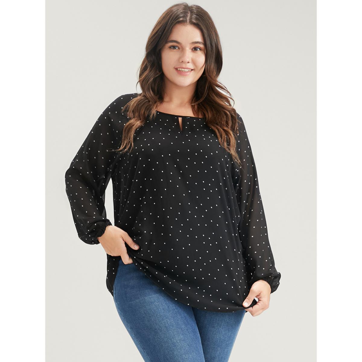 Plus Size Black Polka Dot Mesh Lantern Sleeve Keyhole Round Neck Blouse Women Elegant Long Sleeve Round Neck Dailywear Blouses BloomChic 26/4X Product Image