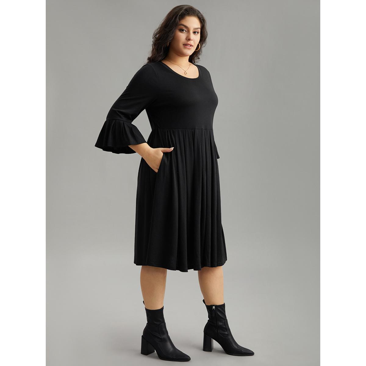 Plus Size Supersoft Essentials Solid Ruffles Pleated Dress Black Women Casual Pleated Round Neck Elbow-length sleeve Curvy Midi Dress BloomChic 26/4X Product Image