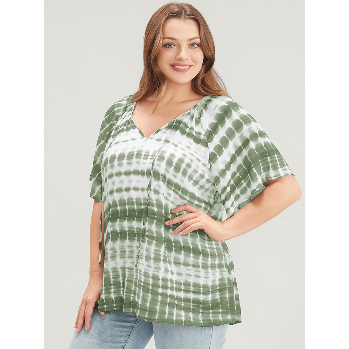 Plus Size Sage Tie Dye Raglan Sleeve Tie V Neck Blouse Women Vacation Short sleeve V-neck Dailywear Blouses BloomChic 30/6X Product Image