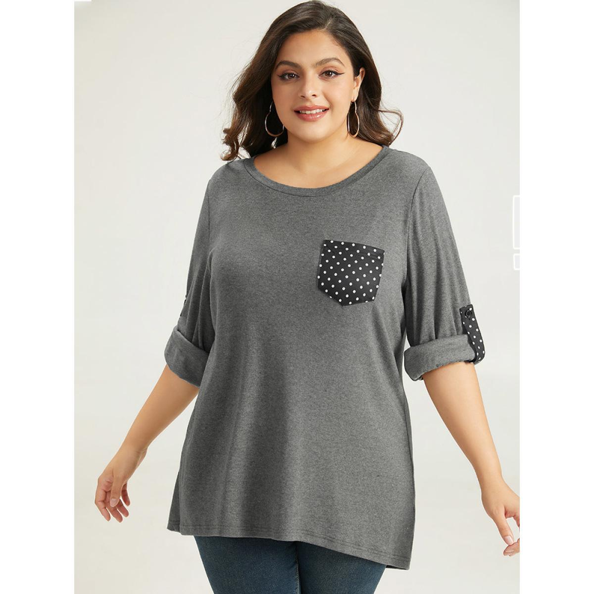 Plus Size Polka Dot Patched Pocket Tab Sleeve T-shirt DimGray Women Casual Contrast Polka Dot Round Neck Dailywear T-shirts BloomChic 14-16/1X Product Image
