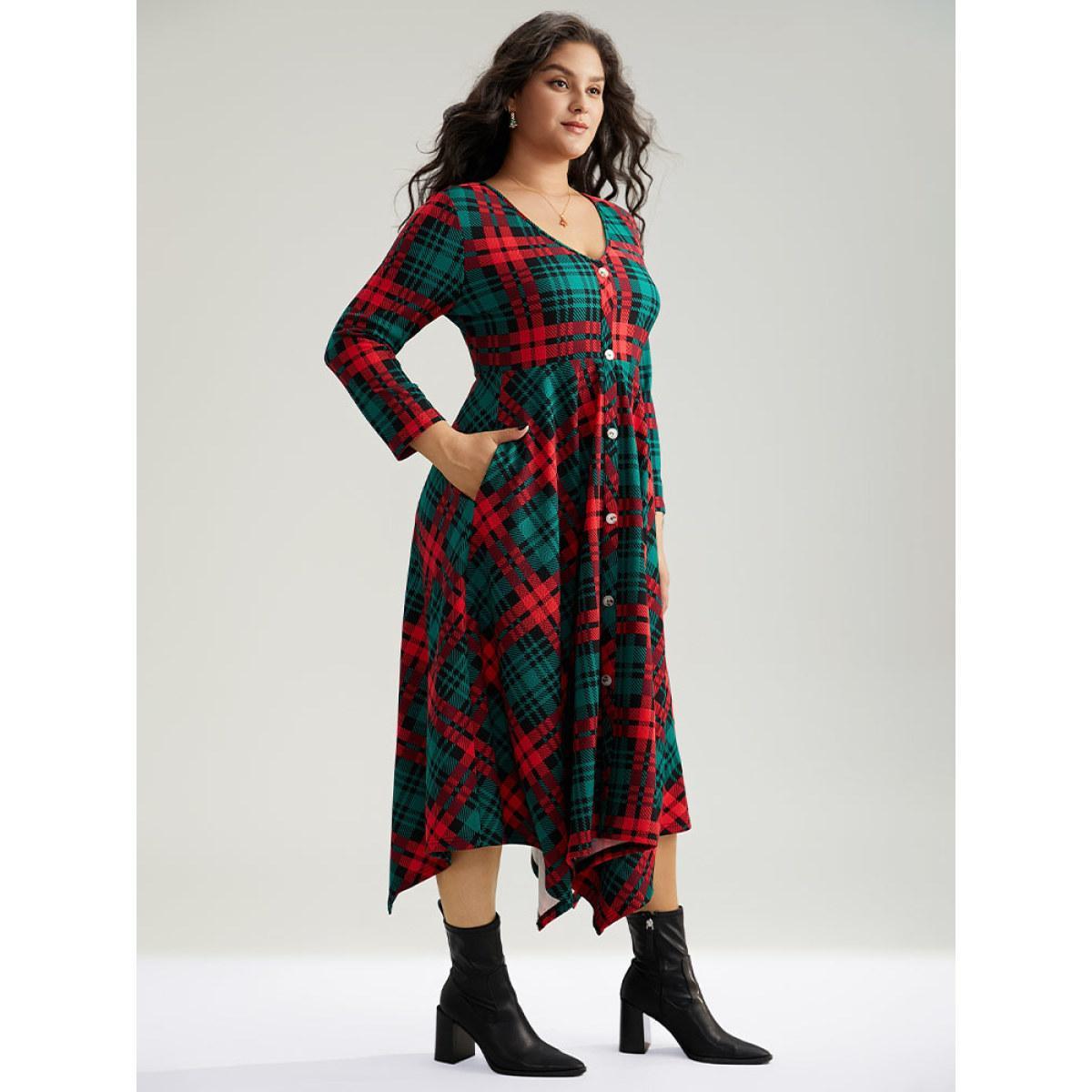 Plus Size Christmas Plaid Button Detail Hanky Hem Dress DarkGreen Women Casual Printed V-neck Long Sleeve Curvy Midi Dress BloomChic 22-24/3X Product Image