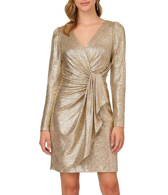 Adrianna Papell Long Sleeve V-Neck Metallic Foiled Knit Draped Dress Product Image