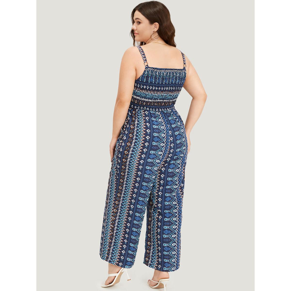 Plus Size DarkBlue Boho Print Shirred Pocket Elastic Wais Ruffle Trim Cami Jumpsuit Women Elegant Sleeveless Spaghetti Strap Dailywear Loose Jumpsuits BloomChic 18-20/2X Product Image