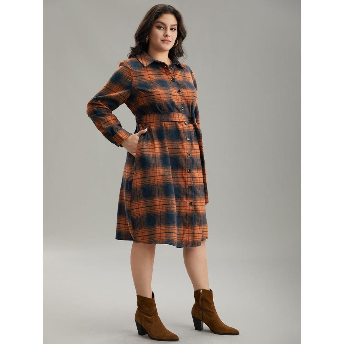 Plus Size Plaid Shirt Collar Belted Button Through Dress Rust Women Casual Belted Shirt collar Long Sleeve Curvy Midi Dress BloomChic 30/6X Product Image