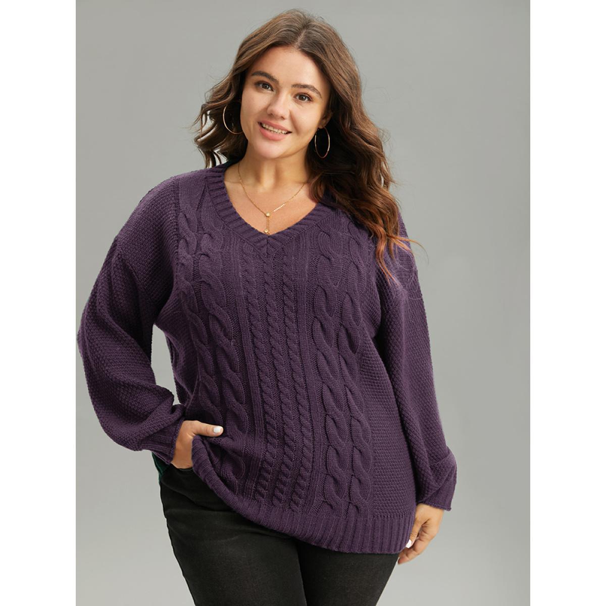 Plus Size Solid Cable Knit V Neck Elastic Cuffs Pullover Eggplant Women Casual Loose Long Sleeve V-neck Everyday Pullovers BloomChic 18-20/2X Product Image