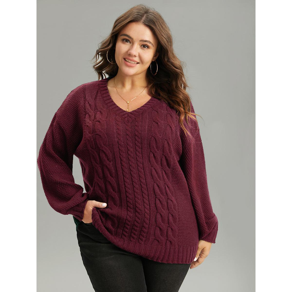 Plus Size Solid Cable Knit V Neck Elastic Cuffs Pullover Burgundy Women Casual Loose Long Sleeve V-neck Everyday Pullovers BloomChic 22-24/3X Product Image