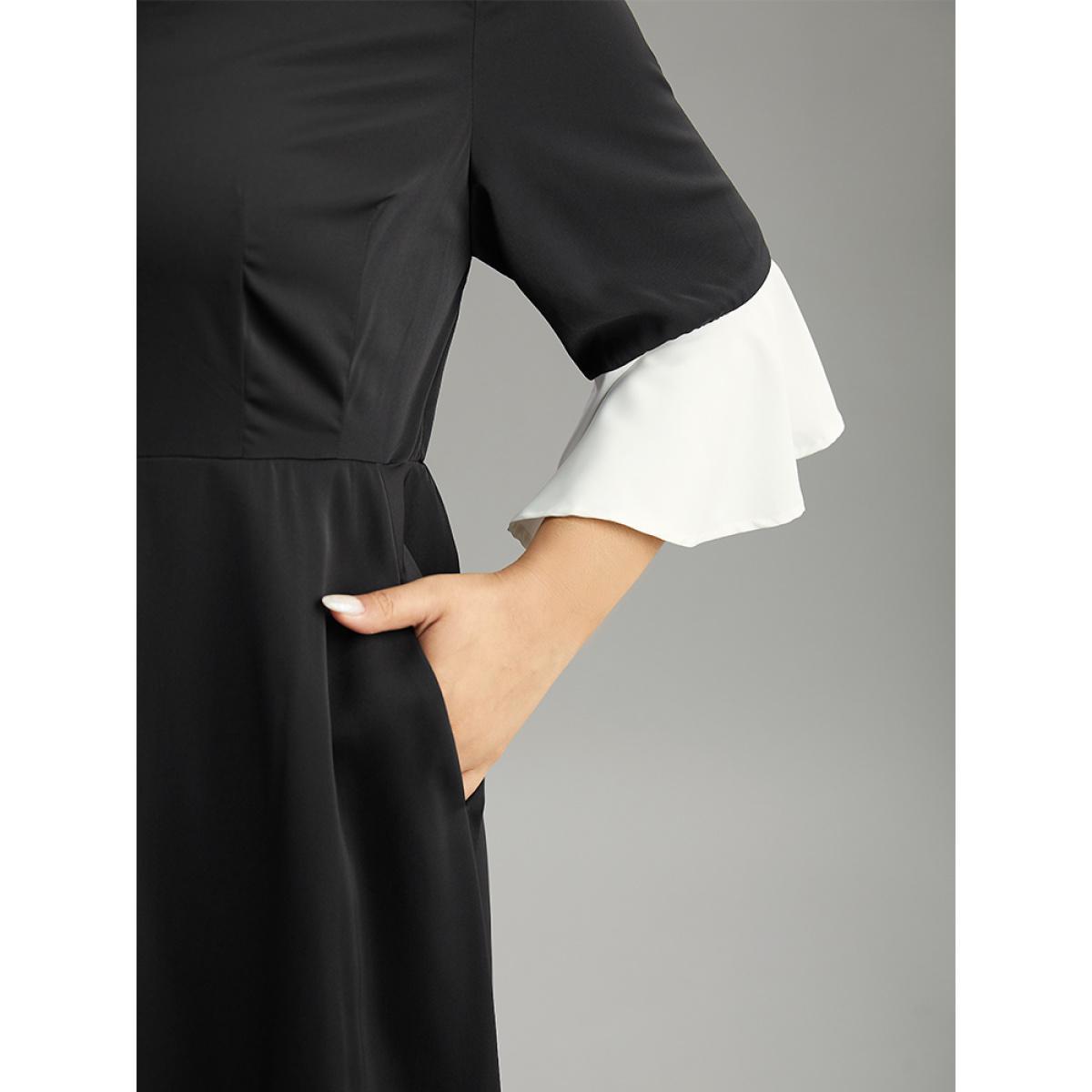 Plus Size Contrast Ruffle Sleeve Hanky Hem Dress Black Women Elegant Patchwork V-neck Elbow-length sleeve Curvy Midi Dress BloomChic 28/5X Product Image