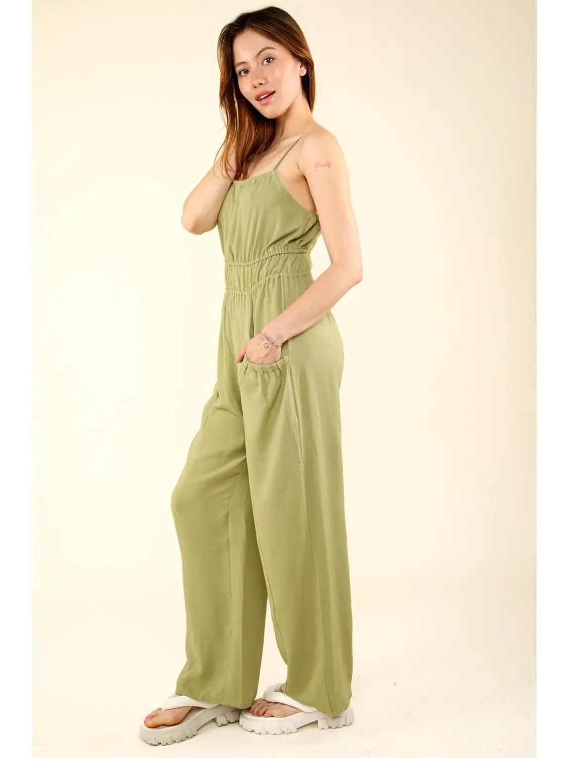 Sage Front Pintuck Detail Solid Woven Jumpsuit Product Image