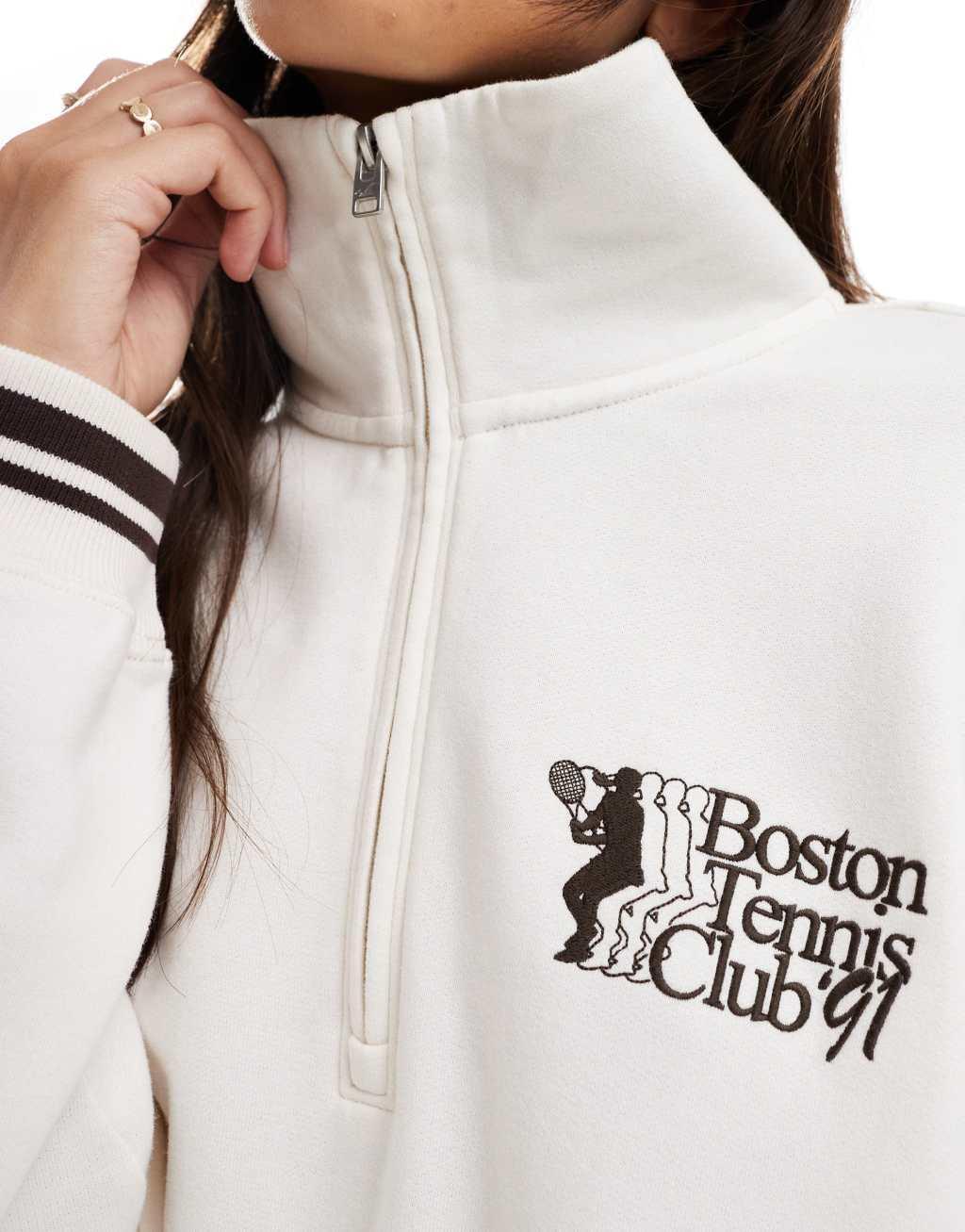 Hollister motif detail quarter zip sweat top in white Product Image