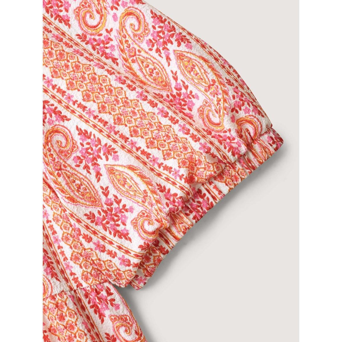 Plus Size WhiteSmoke Stripe Paisley Print Ruffled Neck Blouse Women Short sleeve Square Neck Everyday-Elegant Blouses BloomChic 22-24/3X Product Image